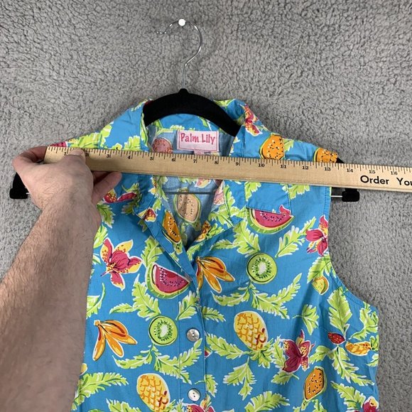 Palm Lily Women’s Sleeveless Button Front Top Turquoise w/ Fruit Print Size 12 - Picture 4 of 10